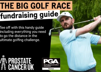 Golfer in a light blue Prostate Cancer UK shirt taking a swing, promoting The Big Golf Race fundraising guide.