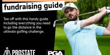 Golfer in a light blue Prostate Cancer UK shirt taking a swing, promoting The Big Golf Race fundraising guide.
