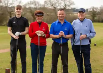 Helsby Golf Club's new officials for the year: President Brian Prince, captain Martyn Guest, lady captain Viv Nagle, and junior captain Austin Osbourne at their drive-in ceremony.