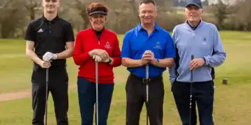 Helsby Golf Club's new officials for the year: President Brian Prince, captain Martyn Guest, lady captain Viv Nagle, and junior captain Austin Osbourne at their drive-in ceremony.