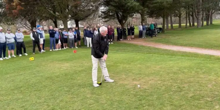 Steve Bond, new captain of Eastham Lodge Golf Club, teeing off at his official drive-in ceremony.