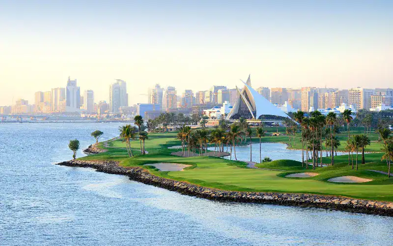 The 6th hole on the Dubai Creek Golf & Yacht Club.