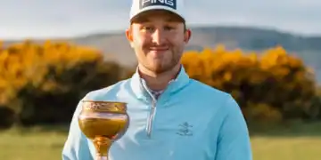 Jamie Van Wyk proudly displays the trophy after winning the Welsh Men’s Open Strokeplay Championship at Conwy.