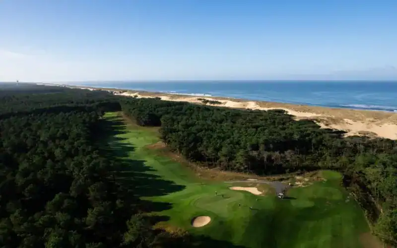 A golf course with sand bunkers and trees on the beach.