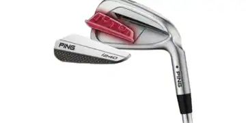 a golf club with a red and black design