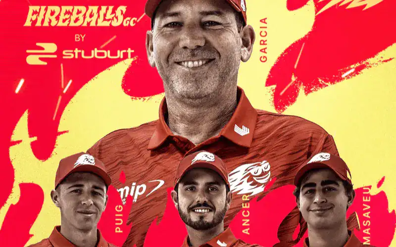 a collage of a man wearing red hats.
