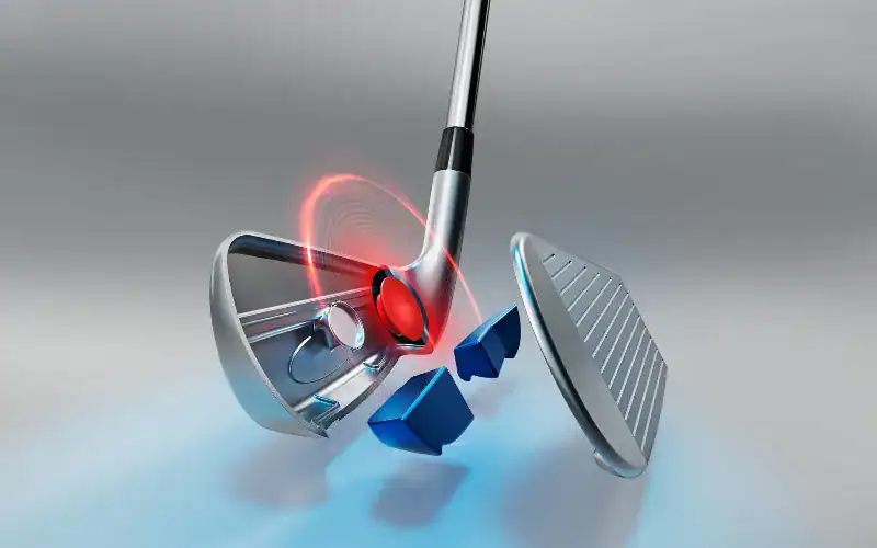 a golf club with a red circle and blue objects