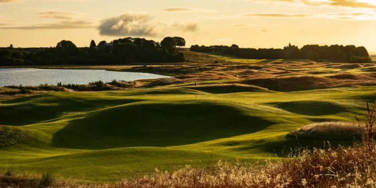 a golf course with a lake and trees