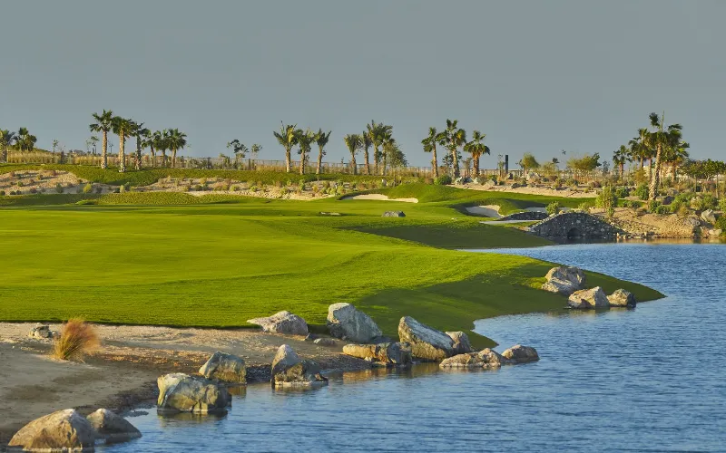 a golf course with water and rocks