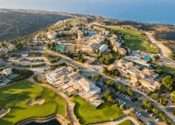 a aerial view of a town with a pool and a body of water