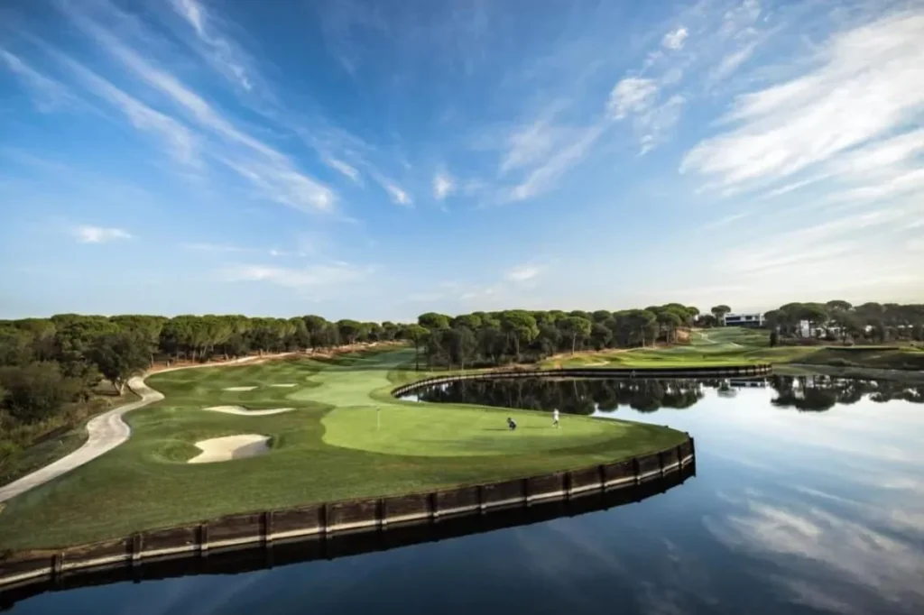 a golf course with water and trees