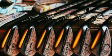 Golf clubs with cash-themed designs.