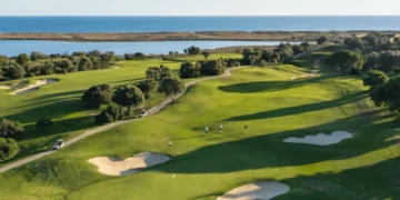 a group of people on a golf course