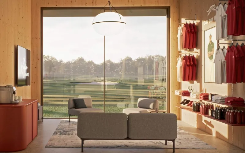 Modern golf shop with scenic view.