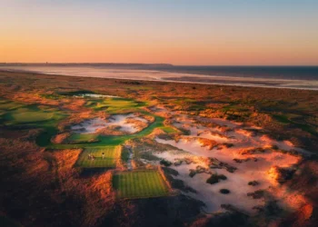 Stunning coastal golf course at sunset.