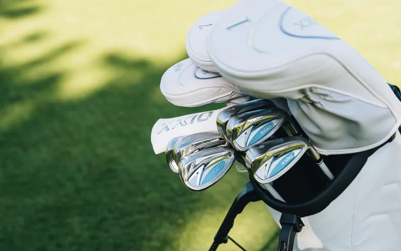 Golf clubs in a white bag.